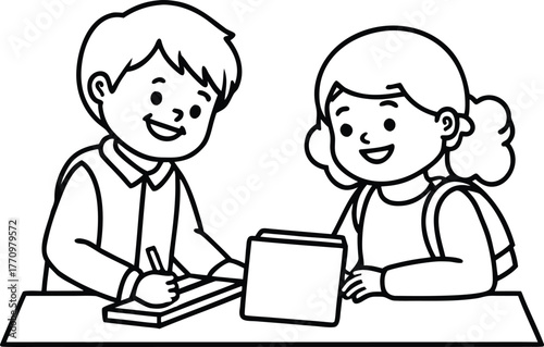 Two School Kids Engaged in Educational Activity, Clean Black Line Vector, Simple Classroom Illustration, No Shading vector line art 