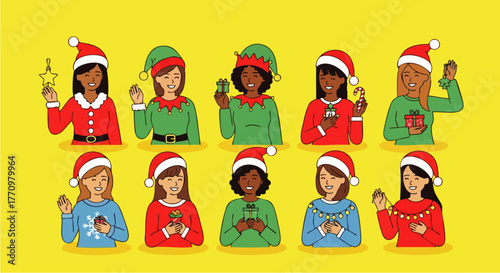 Flat vector illustration of a group of women wearing party dresses and Santa hats posing cheerfully against a bright background, ideal for Christmas marketing, holiday invitations, or seasonal promoti
