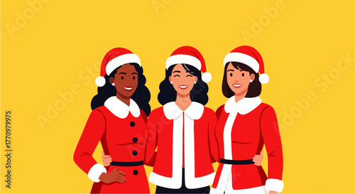 Flat vector illustration of three women wearing party dresses and Santa hats posing cheerfully on a bright background, ideal for Christmas marketing, holiday invitations, or seasonal promotions.