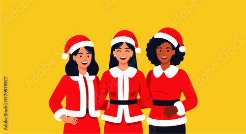 Flat vector illustration of three women wearing festive dresses and Santa hats posing cheerfully on a bright background, ideal for Christmas marketing, holiday invitations, or seasonal promotions.