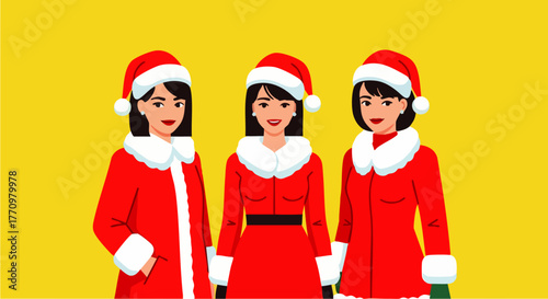 Flat vector illustration of three women wearing party dresses and Santa hats posing cheerfully on a bright background, ideal for Christmas marketing, holiday invitations, or seasonal promotions.