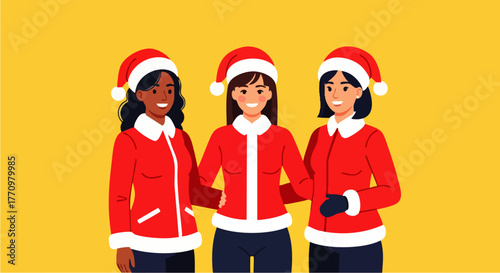 Flat vector illustration of three women wearing party dresses and Santa hats posing cheerfully on a bright background, ideal for Christmas marketing, holiday invitations, or seasonal promotions.