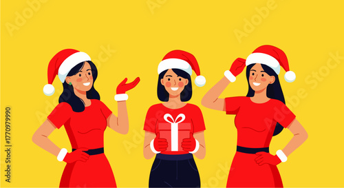 Flat vector illustration of three women wearing party dresses and Santa hats posing cheerfully on a bright background, ideal for Christmas marketing, holiday invitations, or seasonal promotions.