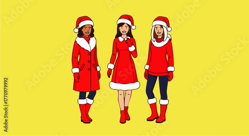 Flat vector illustration of three women wearing party dresses and Santa hats posing cheerfully on a bright background, ideal for Christmas marketing, holiday invitations, or seasonal promotions.