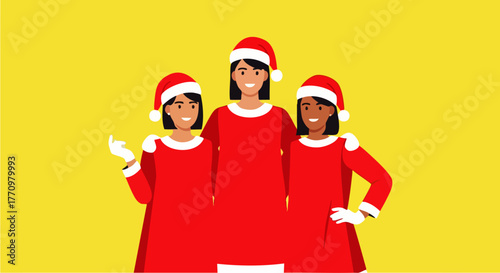 Flat vector illustration of three women wearing party dresses and Santa hats posing cheerfully on a bright background, ideal for Christmas marketing, holiday invitations, or seasonal promotions.