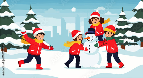 Flat vector illustration of children building a snowman and throwing snowballs on a snowy field, fun outdoor Christmas scene