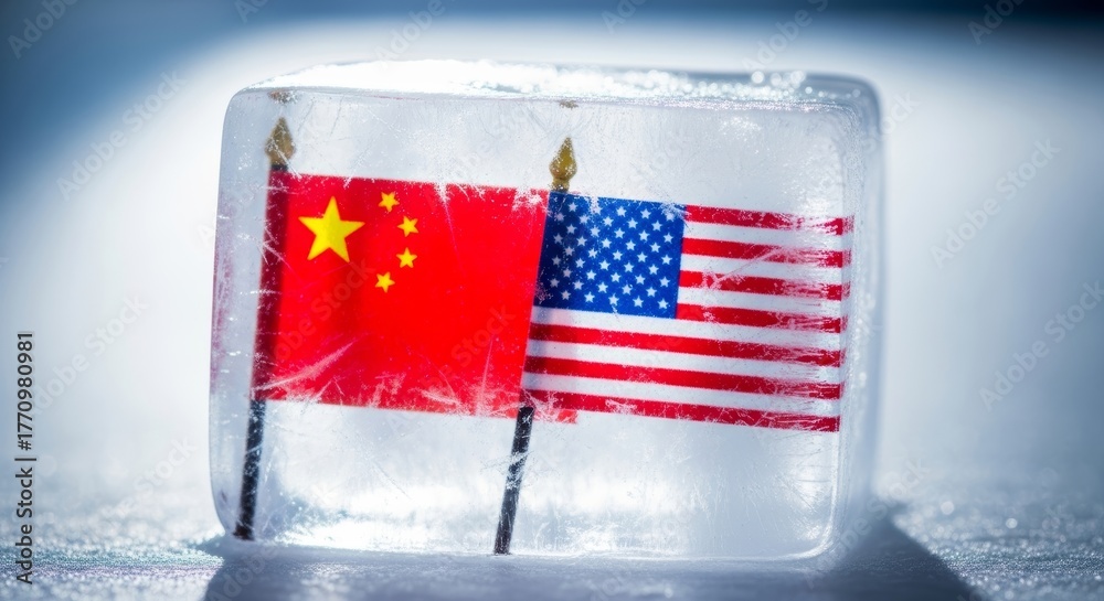 Fototapeta premium China and usa flags encased in ice symbolizing frozen diplomatic relations