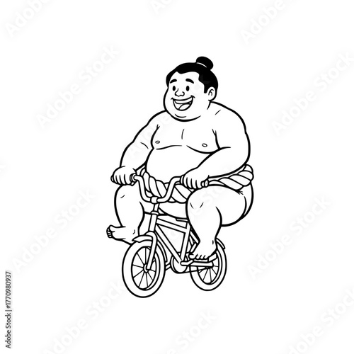 Cheerful sumo wrestler riding small bicycle, simple funny coloring page for toddlers Generative ai 