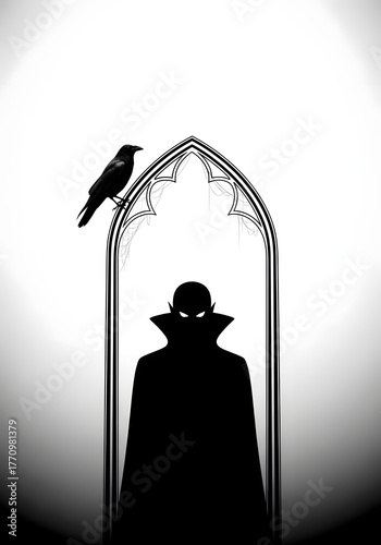 Minimalist Black and White Dracula Silhouette in Gothic Arch