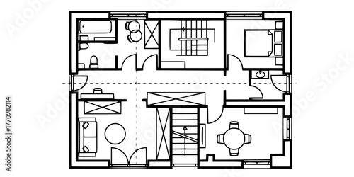 Architectural Blueprint Minimalist Line Art Vector Plan