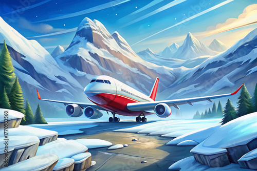 Passenger airplane on snowy runway surrounded by frozen mountains and cold wind