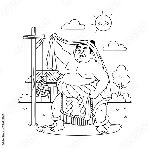 Funny sumo wrestler hanging giant mawashi, simple cheerful coloring page for toddlers Generative ai 