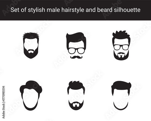 Collection of Stylish Male Hairstyle and Beard Silhouettes – Modern Haircuts, Mustaches, and Bearded Faces Icons for Barbershop and Men’s Grooming Design