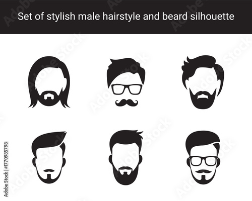 Collection of Stylish Male Hairstyle and Beard Silhouettes – Modern Haircuts, Mustaches, and Bearded Faces Icons for Barbershop and Men’s Grooming Design