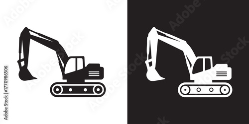 excavator two-tone black white construction machinery icon vector art