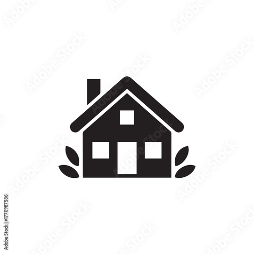 home house icon black and white vector of property with chimney and yard