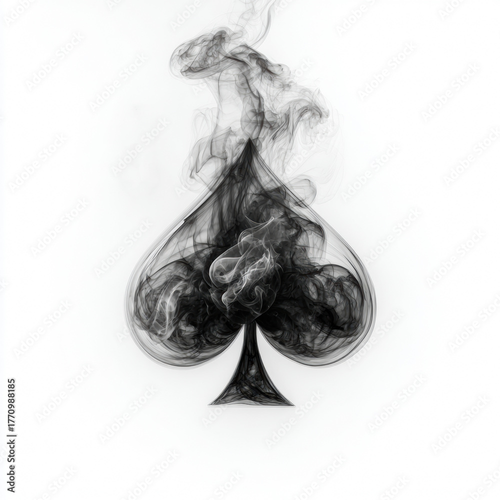 Fototapeta premium Black smoke forms an abstract spade card suit symbol against a clean white background.
