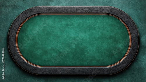Empty green felt poker table with a textured black leather armrest and golden trim. This overhead view presents a professional casino gaming surface, ideal for gambling themes.