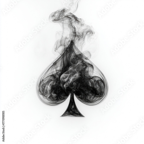 Black smoke forms an abstract spade card suit symbol against a clean white background.