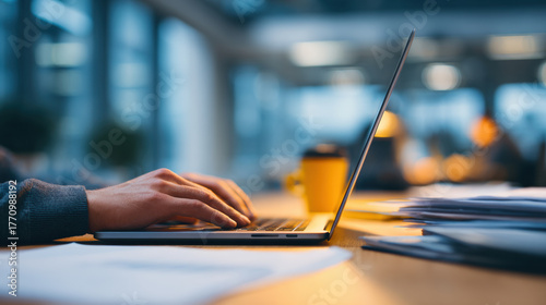 Close up of hands typing on a modern laptop keyboard at a desk in a blurred office setting.