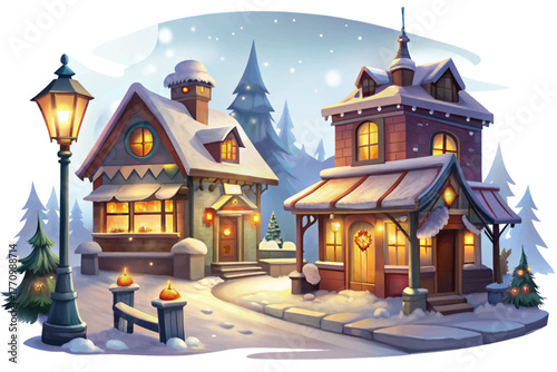 Old town square covered in snow with glowing street lights and cozy shop