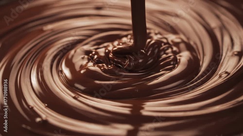 Macro Shot of Dark Melted Chocolate Swirling in Glossy Waves