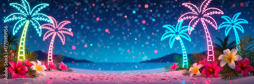 Colorful tropical beach scene with neon palm trees, vibrant flowers, and sparkling bokeh lights against a night sky, festive concept of summer vacation or travel agency