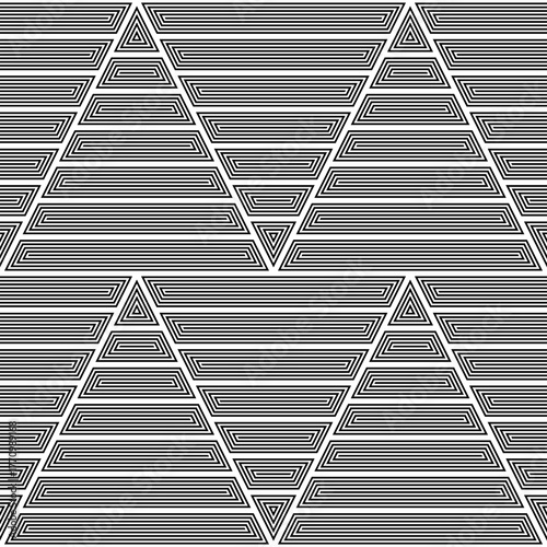 Striped wallpaper. White hollow figures on black background. Seamless surface pattern design with linear ornament. Optical art motif. Digital paper with triangles and trapezoids. Vector illustration.