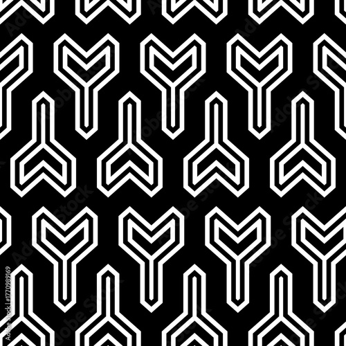 Interlocking three pronged blocks. Repeated white puzzles on black background.. Seamless surface pattern design with mosaic ornament. Winder keys motif. Tyre grip wallpaper. Digital paper. Vector art.