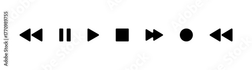 Media control icon set, Video and music control icons, play pause stop forward rewind, music player icons, vector symbols, minimalist vector illustration.