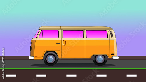 A retro orange van cruises along a dark road under a pastel gradient sky, pink-tinted windows catching the light. Perfect for travel, adventure, and road trip themes in stock imagery