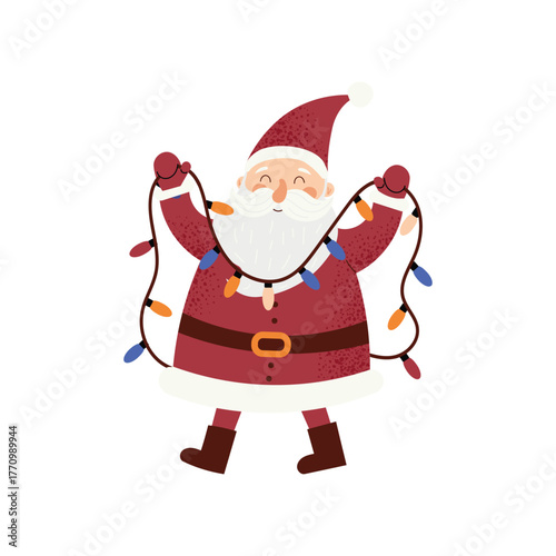 Santa Claus with Christmas lights. Cute festive illustration with happy Santa holding colorful garland. Winter holiday decoration concept. Flat vector illustration isolated on white background.