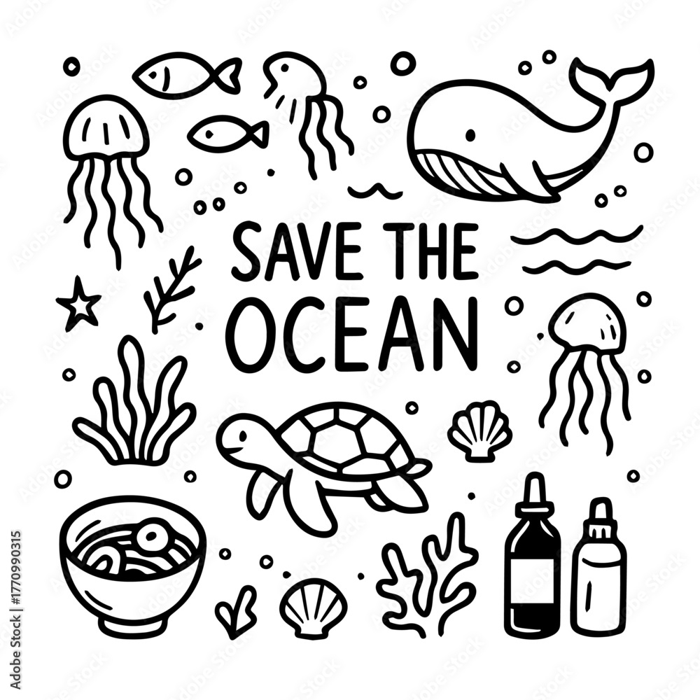 Fototapeta premium Hand-drawn doodle illustration of whales, turtles, jellyfish, corals, shells