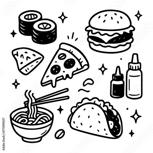 Hand-drawn doodle set of sushi, burgers, pizza slices, tacos, ramen bowls