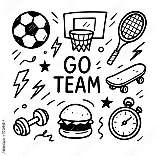 Hand-Drawn Soccer Doodles Vector Set – Balls, Goals, and “GOAL!” Text
