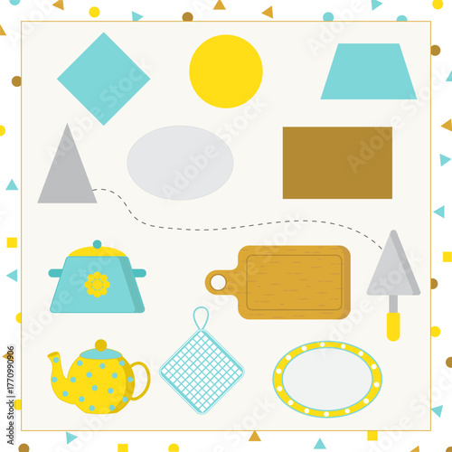 Connect geometric shapes, dishes, geometry, children's task, puzzle, saucepan, teapot, plate, spatula, napkin