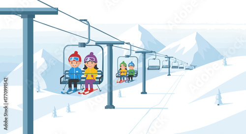 Children riding a ski lift in snowy mountains during winter  