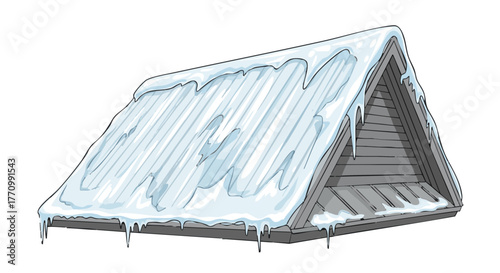 Ice-covered metal roof with thick sheet of snow during winter  