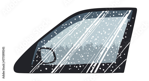 Sleet on car window with snowflakes and icy texture during winter  