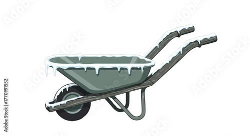 Frozen wheelbarrow covered in frost on a white background  