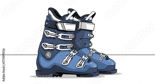 Ski boots in blue color with adjustable buckles on white background  