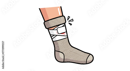 Injured foot in gray wool sock with bandage on ankle for winter  