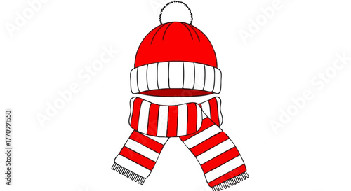 Red knitted hat and striped scarf in a winter theme  