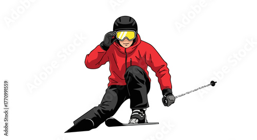 Skier in red jacket adjusting yellow lens goggles during winter  