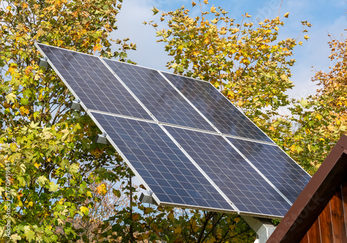 Solar panel in autumn nature generating renewable energy