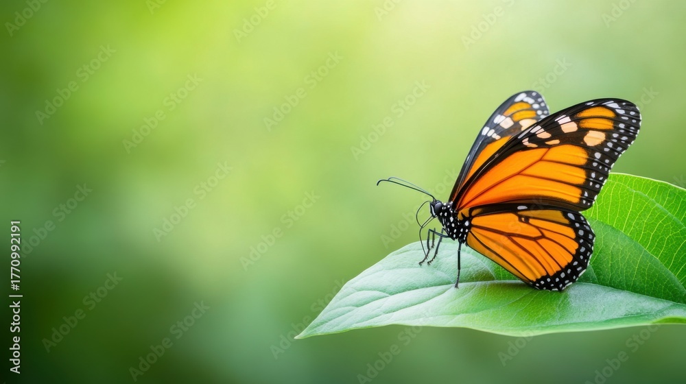 Fototapeta premium Beautiful Monarch Butterfly Perched on a Green Leaf in Nature Setting
