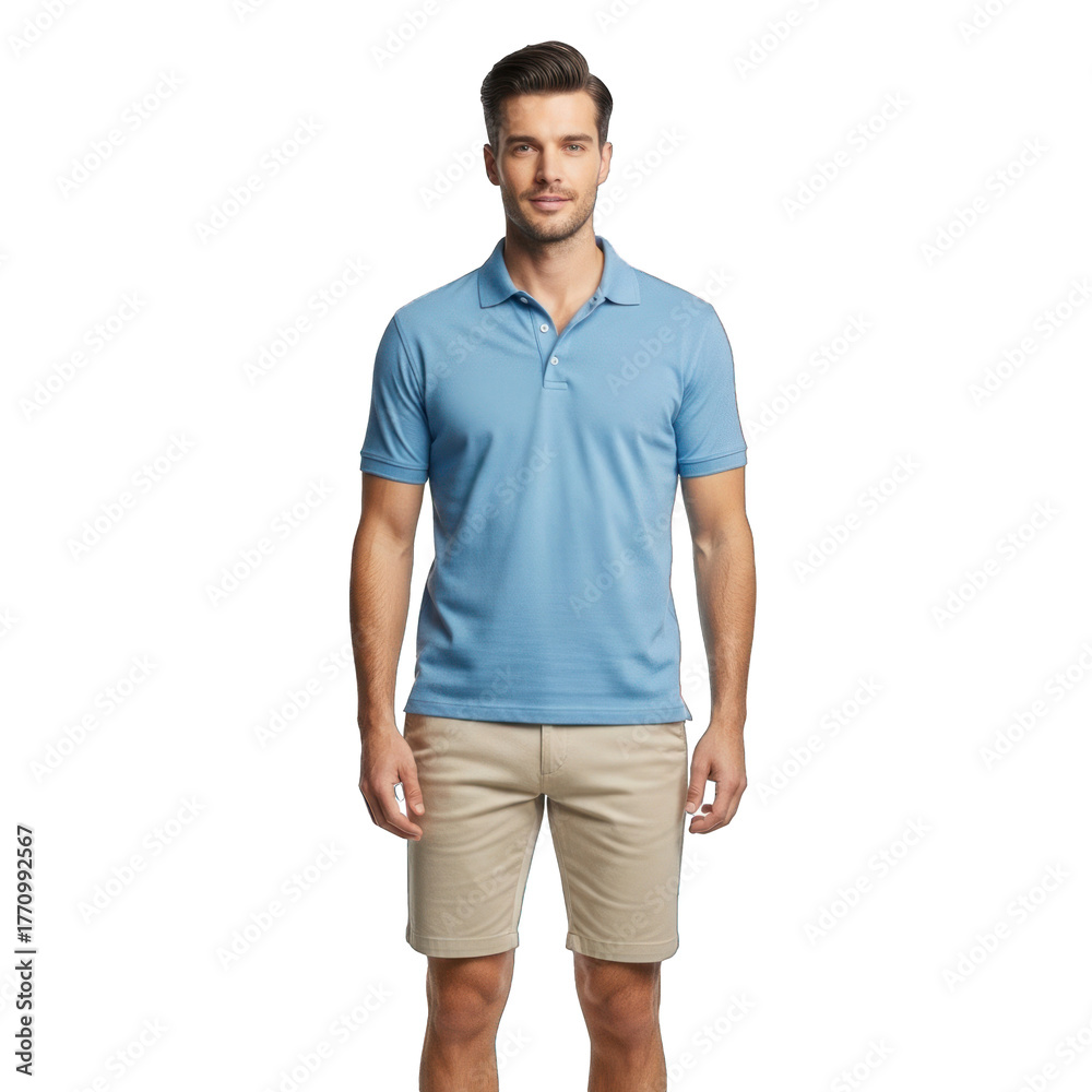Fototapeta premium Stylish Young in Light Blue Polo Shirt and Khaki Shorts, Posing Casually for Summer Fashion. Transparent Object PNG