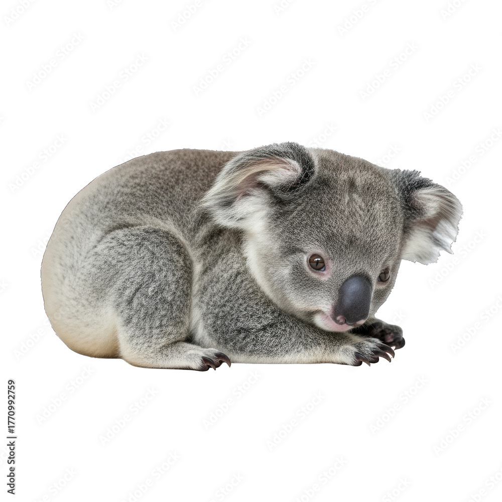 Obraz premium Cute young koala marsupial with soft grey fur and large black nose, isolated on a transparent background, looking down with expressive eyes and visible claws.. PNG Transparent Background