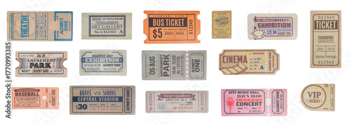 a collection of old vintage ticket isolated on white background
