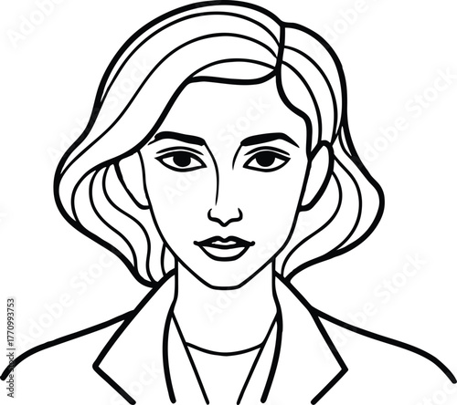 Elegant Minimal Black Line Illustration of Young Woman Face, Fashion Vector, Clean Outline Portrait